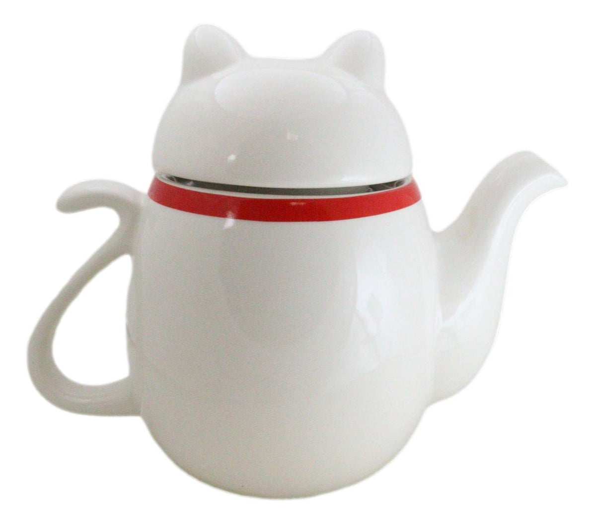 Japanese Maneki Neko Lucky Beckoning Cat Ceramic Tea Pot With Metal Strainer - Ebros Gift