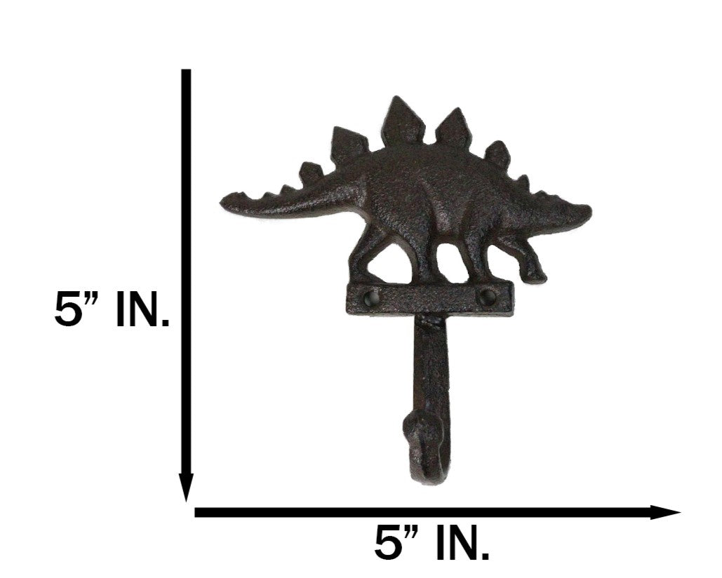 Pack Of 2 Cast Iron Rustic Jurassic Stegosaurus Dinosaur Wall Hook Sculptures
