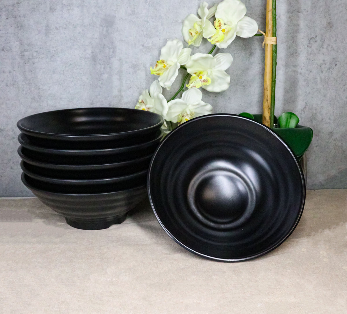 Pack Of 6 Modern Ridged Matte Black Melamine Large Round Ramen Soup Bowls 48oz - Ebros Gift