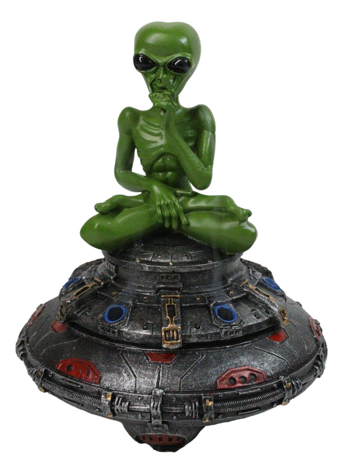 Green Roswell Alien On Spaceship Saucer Incense Burner Decorative Box Figurine