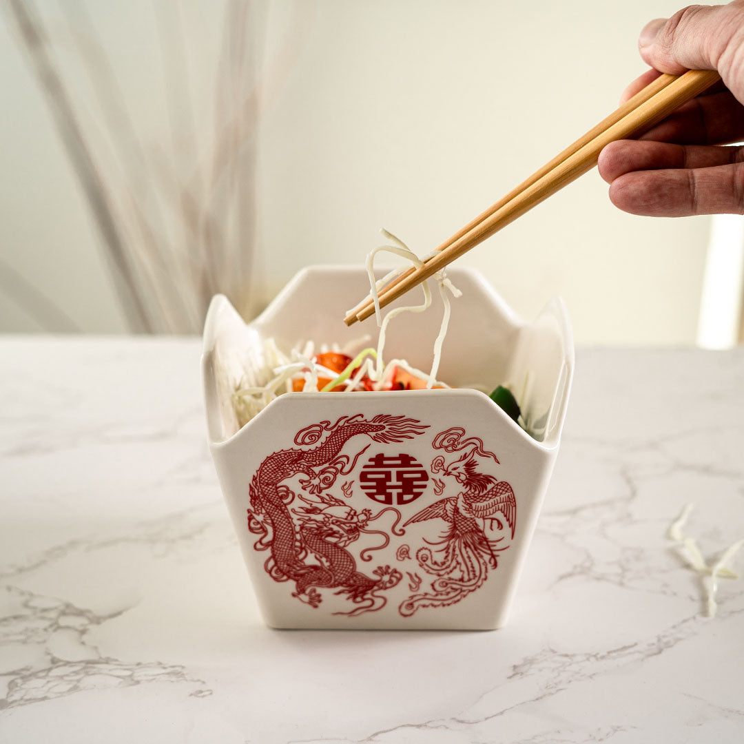 Dragon And Phoenix Feng Shui Takeout To Go Box Serving Bowl With Chopsticks Set