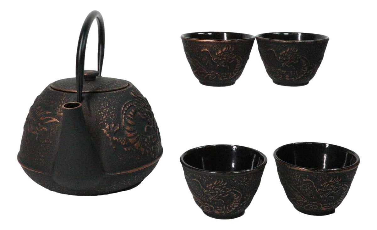 Bronze Oriental Dragon Design Tetsubin Cast Iron Teapot 33oz And 4 Tea Cups Set