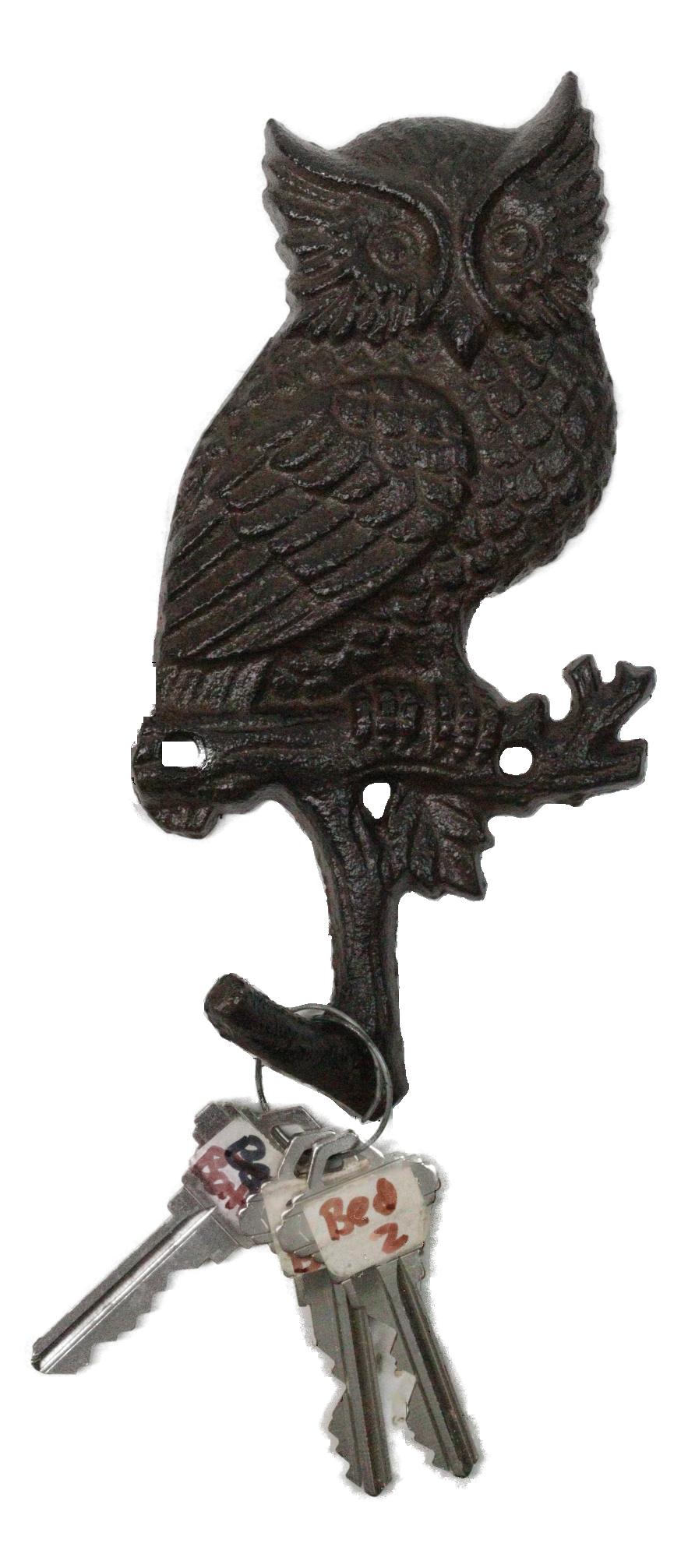 Pack of 2 Cast Iron Rustic Great Horned Owl On Twig Wall Coat Keys Leashes Hooks