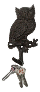 Pack of 2 Cast Iron Rustic Great Horned Owl On Twig Wall Coat Keys Leashes Hooks