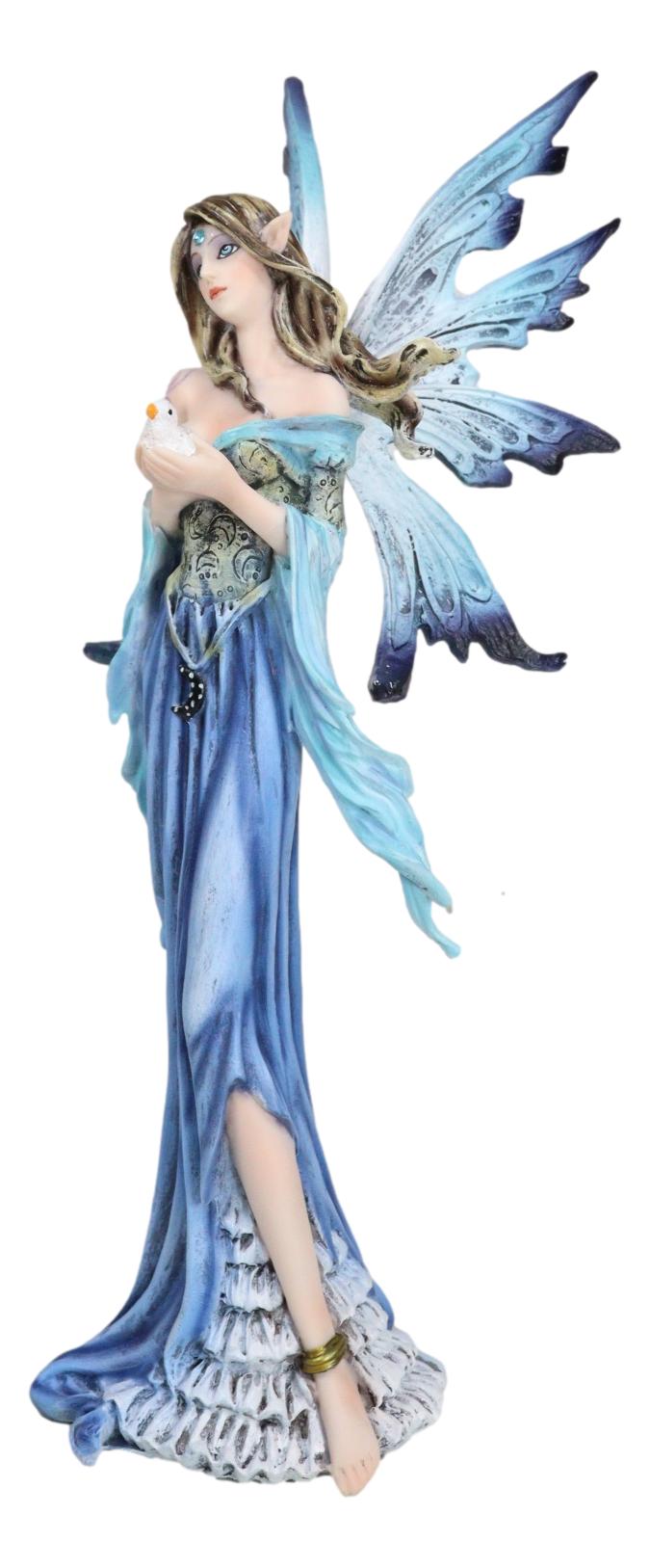 Enchanted Lady Damsel Fairy in Blue Corset Gown Holding Little Bird Figurine