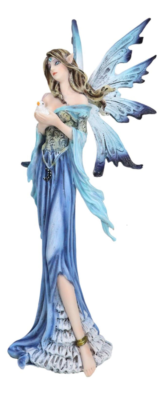 Enchanted Lady Damsel Fairy in Blue Corset Gown Holding Little Bird Figurine