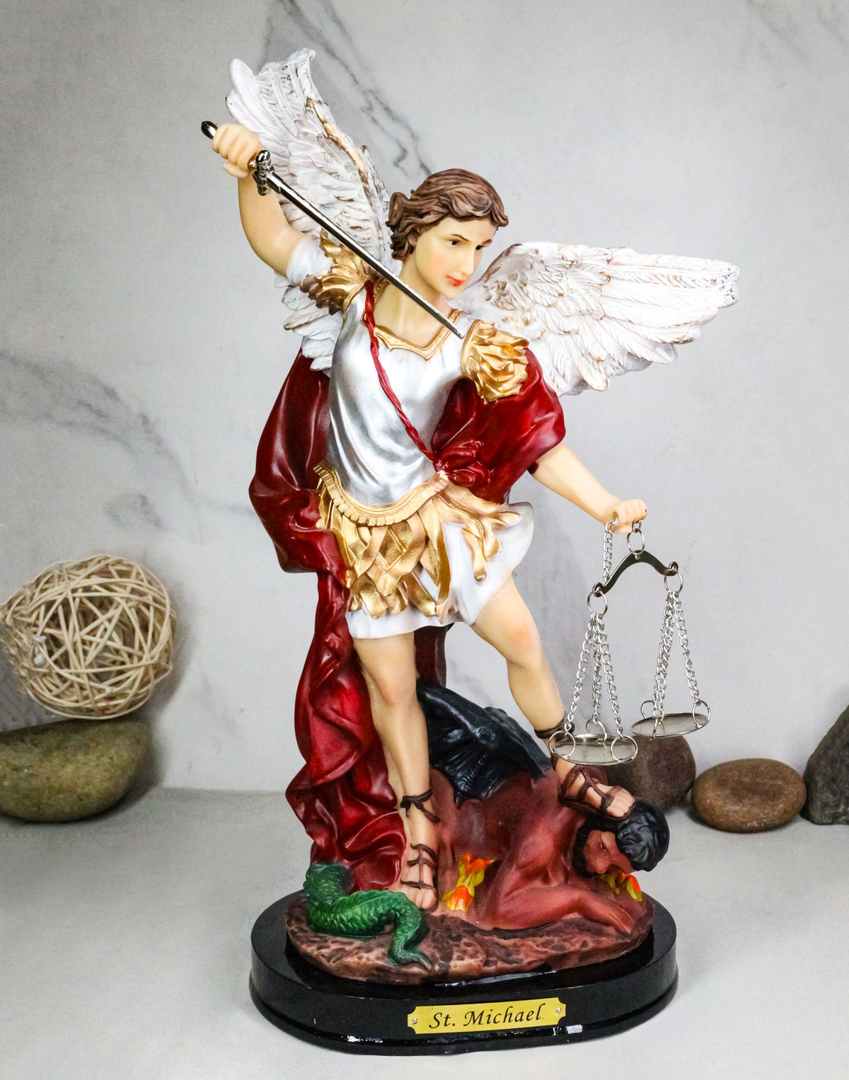 Archangel Saint Michael Trampling Satan With Sword and Scales of Justice Statue