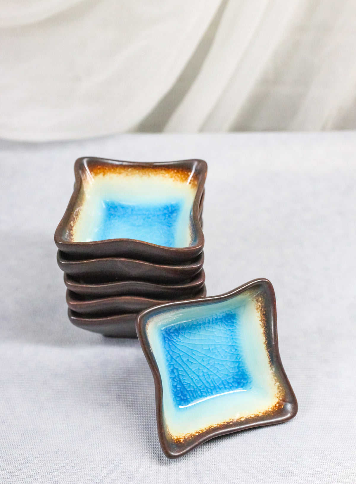 Set Of 6 Blue Sky Aozora Kannyu Ceramic Wavy Square Shaped Sauce Dishes 2.75"