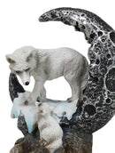 Winter Snow White Wolf Mother With Pup By Snowy Crater Crescent Moon Figurine