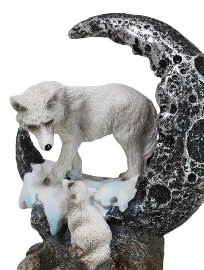 Winter Snow White Wolf Mother With Pup By Snowy Crater Crescent Moon Figurine