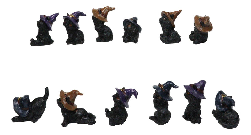 Set of 12 Halloween Black Cats With Witch Hats Mini Figurines In Multi Poses