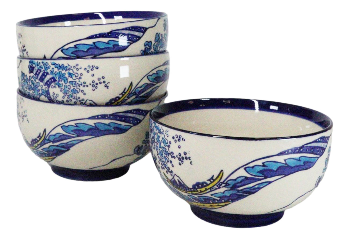 Pack Of 4 Blue Japanese Hokusai Great Wave Ceramic Soup Rice Salad Bowls 22oz