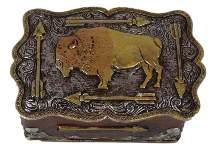 Western Wild Bison Buffalo With Native Indian Arrows Tooled Concho Trinket Box
