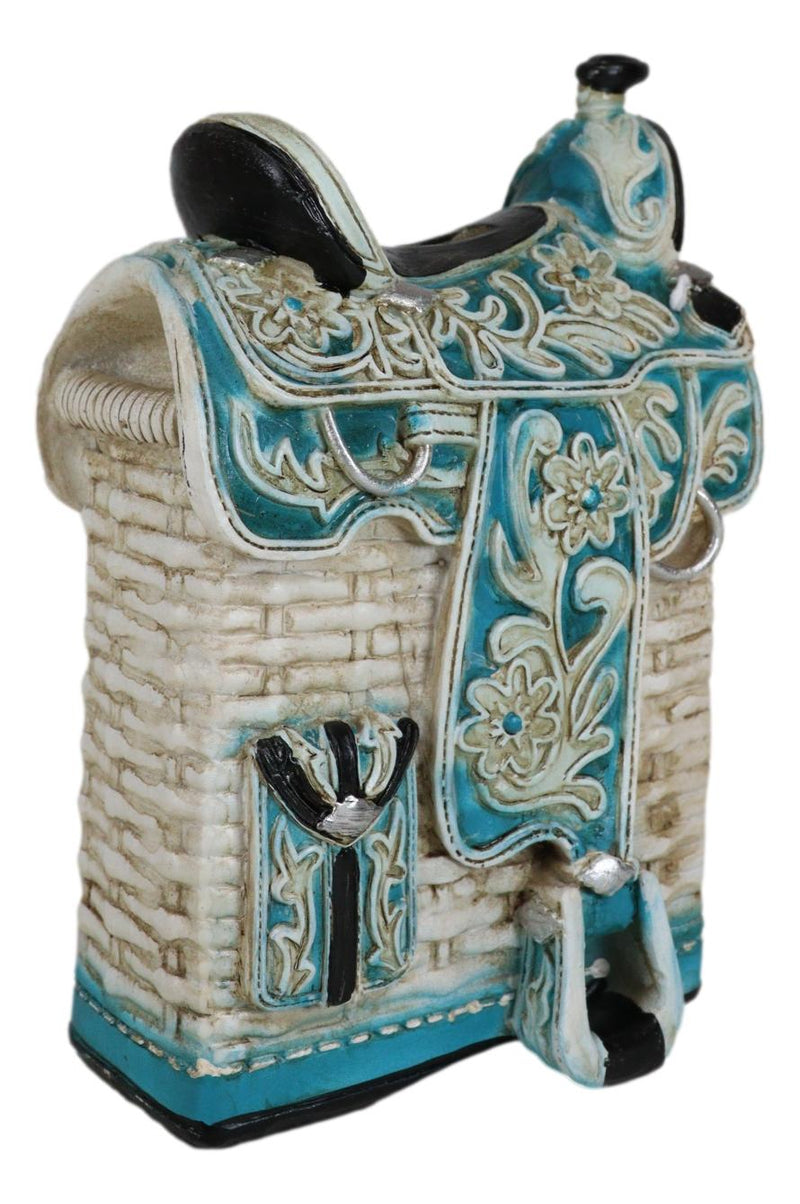 Rustic Western Turquoise Cowboy Horse Saddle With Floral Design Coin Piggy Bank