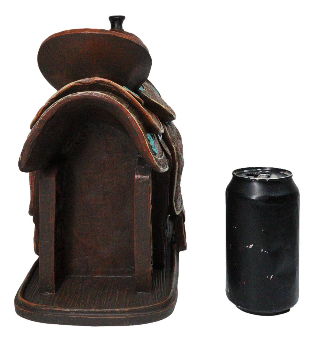 Western Saddle Centerpiece Figurine Faux Tooled Leather Turquoise Accents 13"L