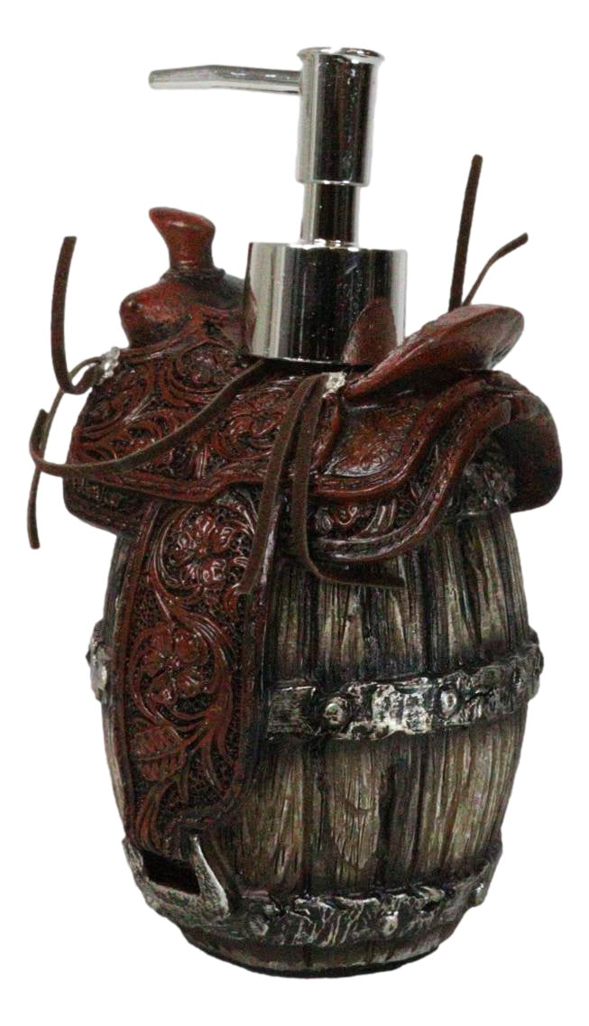 Rustic Western Faux Leather Cowboy Horse Saddle On Barrel Soap Pump Dispenser