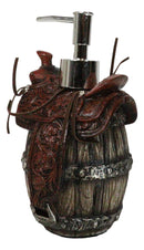 Rustic Western Faux Leather Cowboy Horse Saddle On Barrel Soap Pump Dispenser