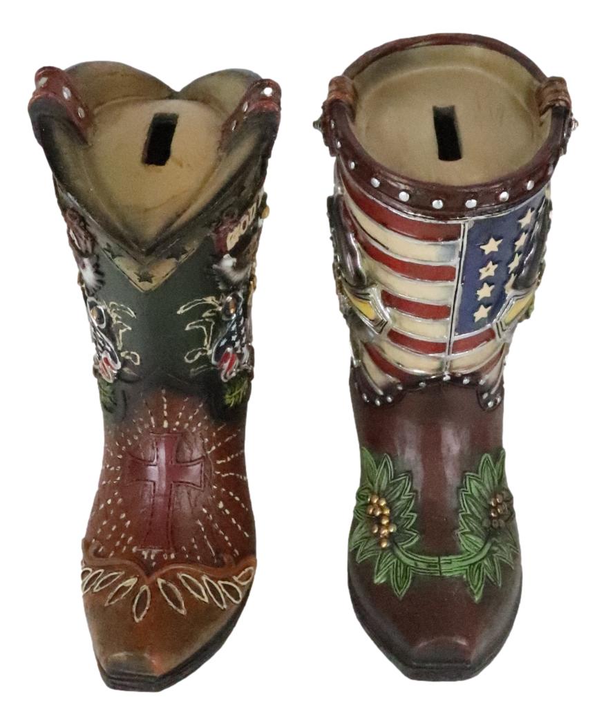 Set Of 2 Rustic Western Patriotic USA Flag Military Cowboy Boot Money Banks