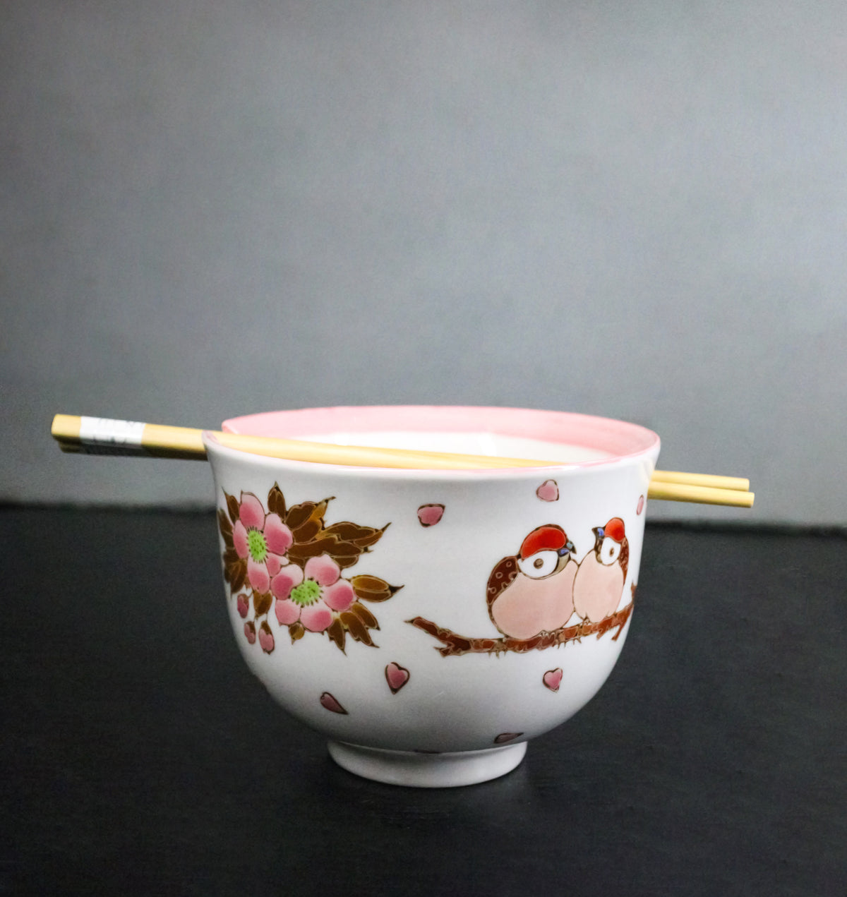 Twin Sparrows Cherry Blossom Ceramic Donburi Ramen Bowl With Chopsticks Set