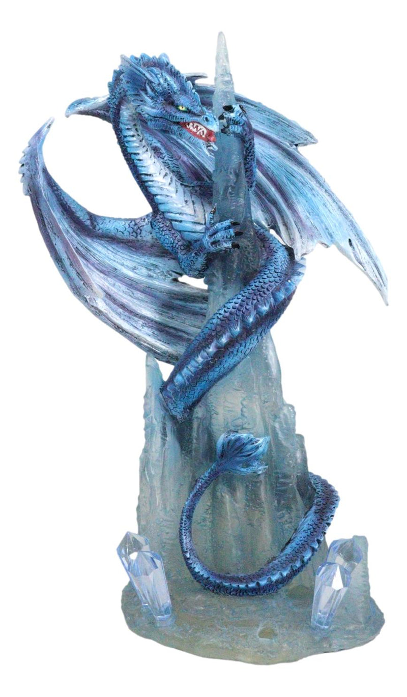 Frozen Stalactite Blue Dragon Serpent On Spiky Ice Mountain Cliff Figurine