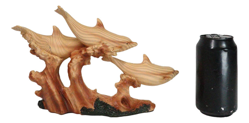 Nautical Marine Sea Ocean 3 Dolphins Swimming With Waves Faux Wood Figurine