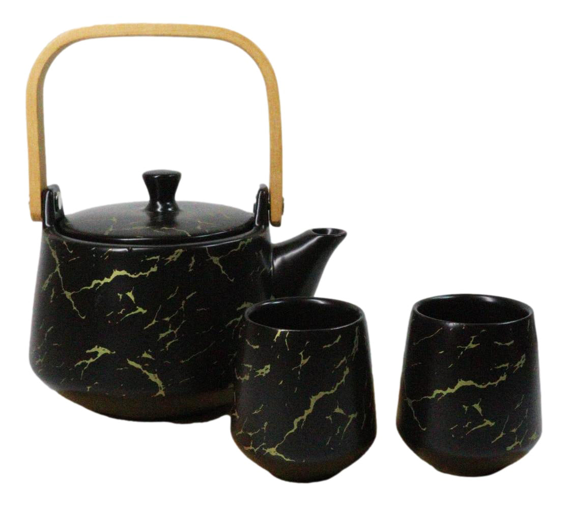 Black Marble Vein Porcelain 22oz Teapot And 2 Tea Cups With Bamboo Tray Set