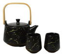 Black Marble Vein Porcelain 22oz Teapot And 2 Tea Cups With Bamboo Tray Set