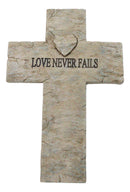 Rustic Inspirational Tuscany Vintage Love Never Fails Heart Relief Wall Cross
