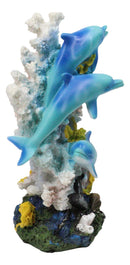 3 Blue Dolphins Swimming Around Coral Reef With Sunken Ship Anchor Figurine