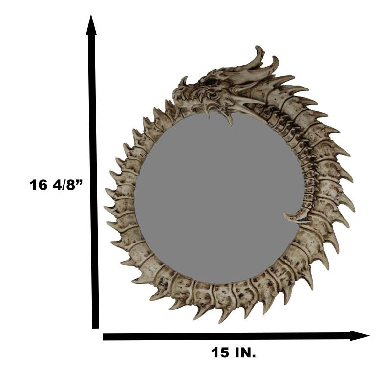 16"H Gothic Spiked Skeleton Skeletal Bone Dragon Round Wall Mirror Plaque Decor