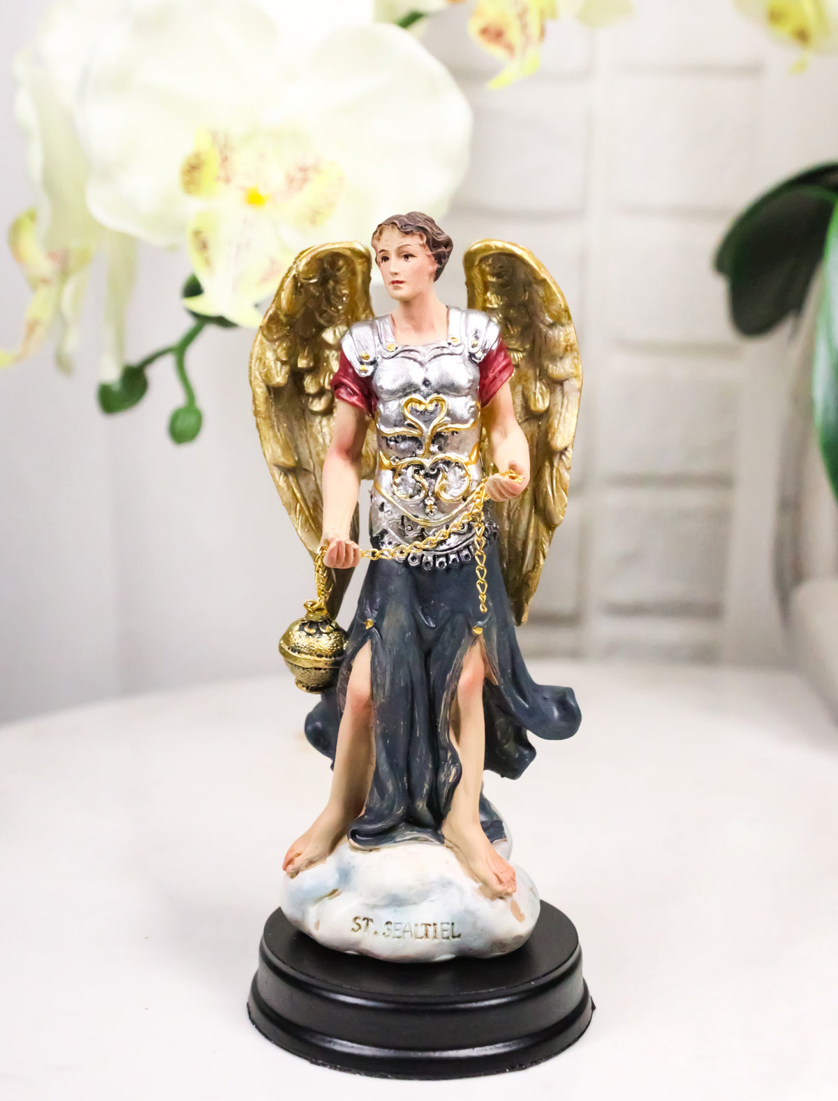 Colorful Catholic Church Archangel Saint Sealtiel with Golden Censer Figurine