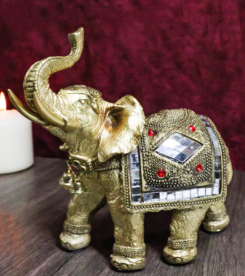 Golden Feng Shui Trunk Up Elephant With Gemstones Bullhook Tapestry Figurine