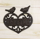 Cast Iron 2 Lovebirds Perching On Scrollwork Heart Welcome Sign Wall Plaque