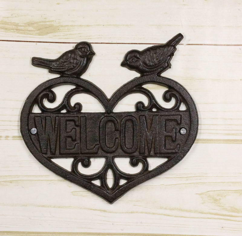Cast Iron 2 Lovebirds Perching On Scrollwork Heart Welcome Sign Wall Plaque