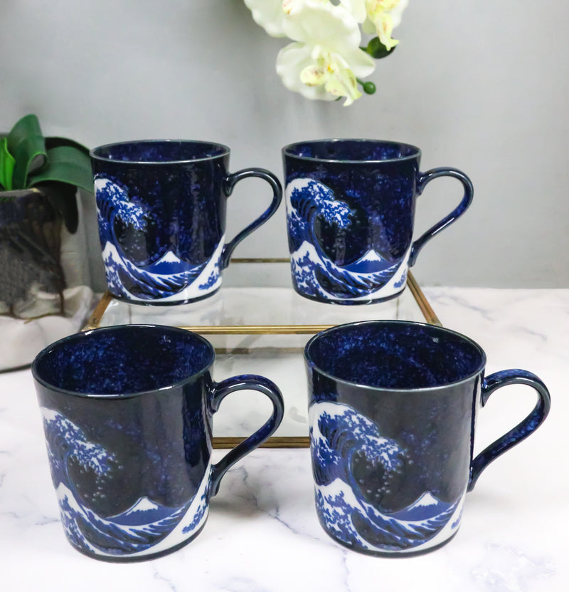 Pack Of 4 Made In Japan Navy Blue Japanese Hokusai Great Wave Of Kanagawa Mugs