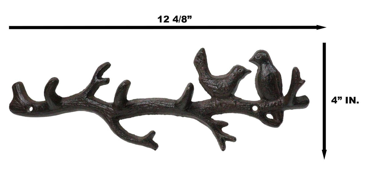 Rustic Cast Iron 2 Lovebirds On Tree Branch Multi Points Wall Hooks 12.5" Long