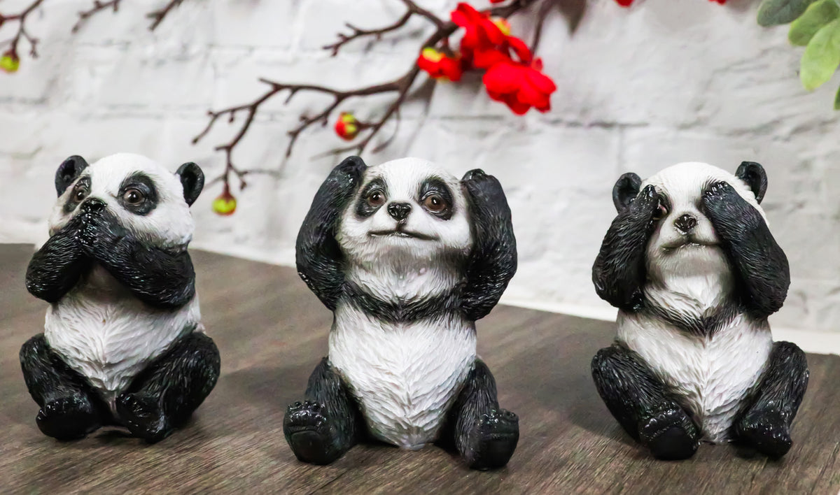 Set Of 3 See Hear Speak No Evil Whimsical Giant Panda Bears Mini Figurines - Ebros Gift