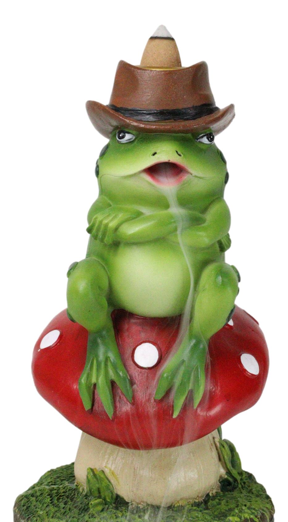 Western Outlaw Cowboy Frog On Mushroom Backflow Incense Cone Burner Figurine