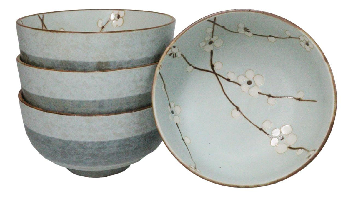 Set Of 4 Made In Japan Ceramic Soushun Sakura Blue Plum Medium Tayo Bowls 21oz