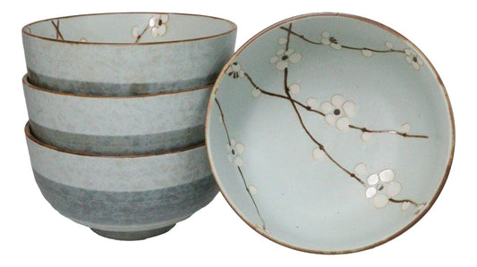 Set Of 4 Made In Japan Ceramic Soushun Sakura Blue Plum Medium Tayo Bowls 21oz
