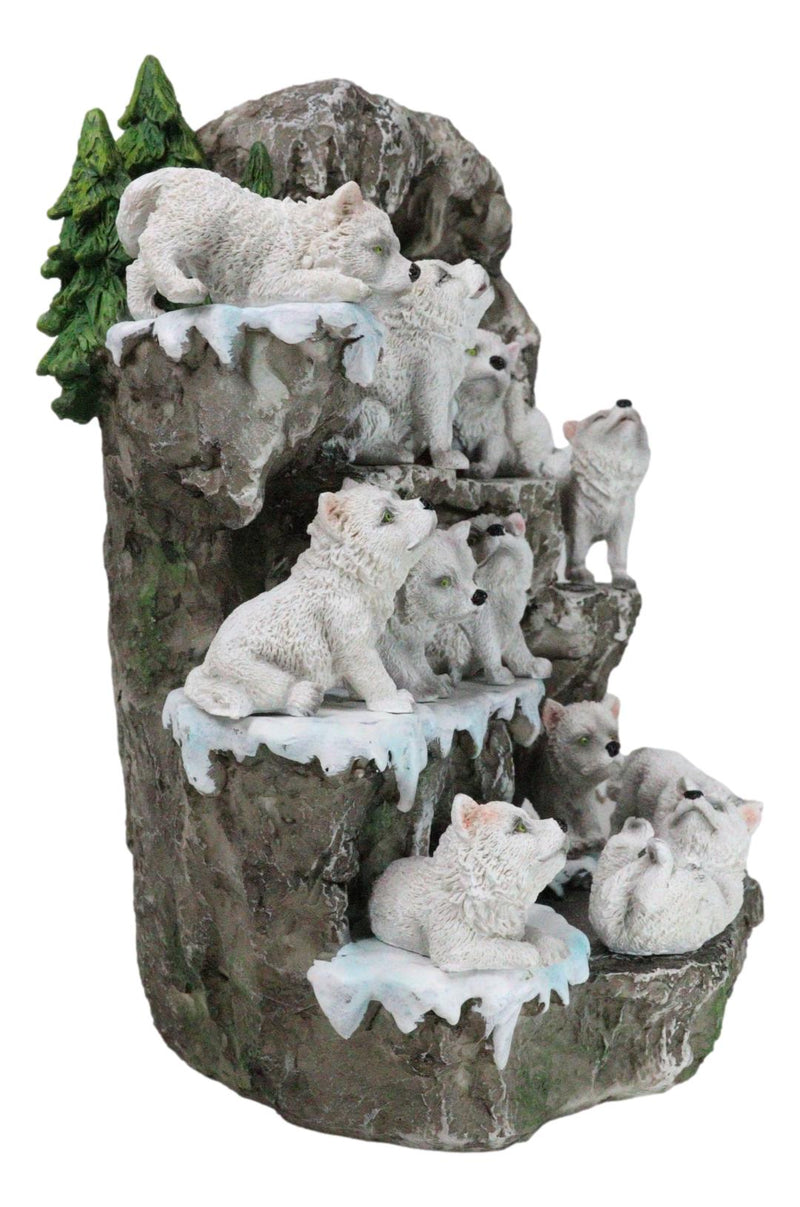 Snow Capped Wolf Den Rocky Cave Lair With Pine Trees LED Display Stand Sculpture