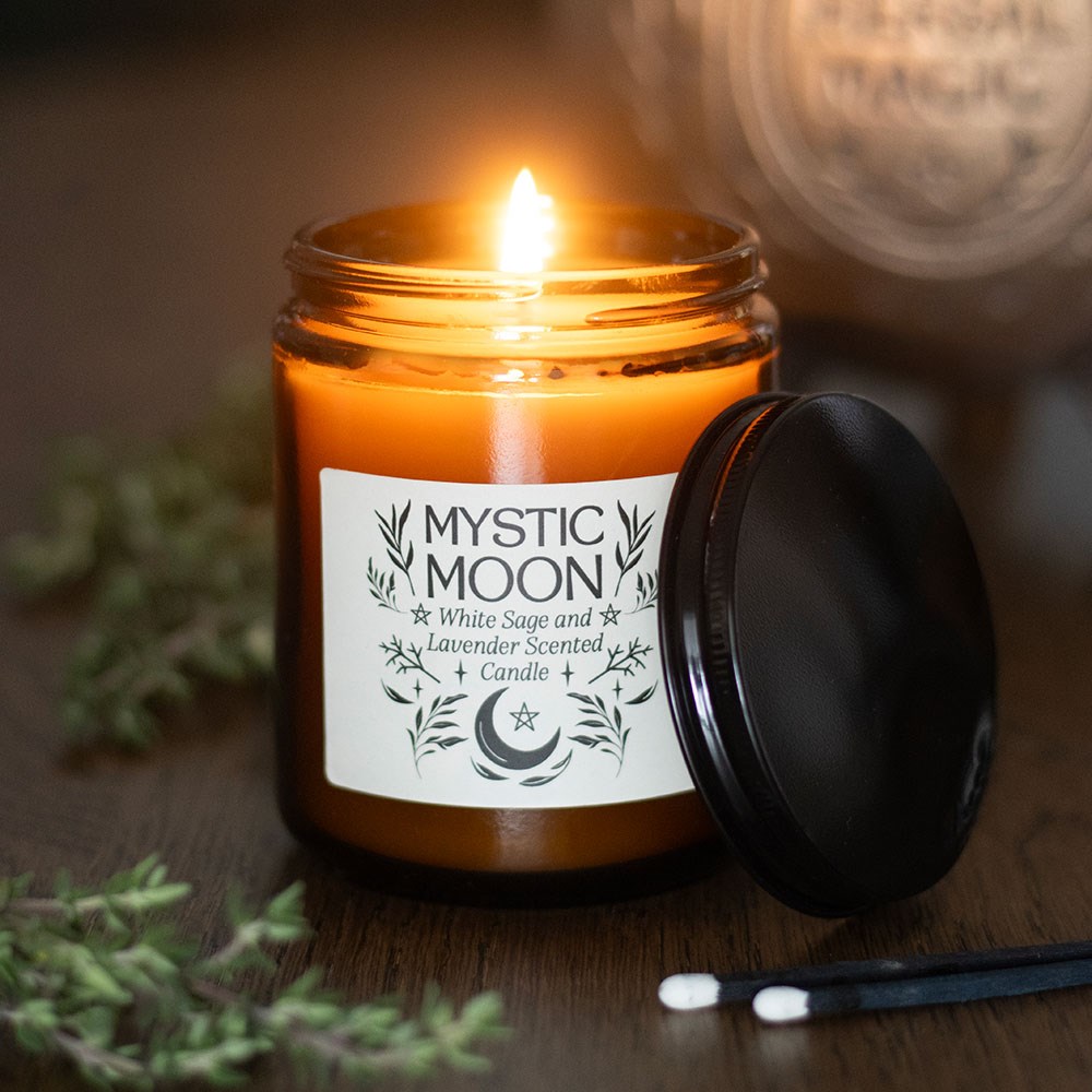 Ebros Mystic Moon White Sage & Lavender Scented Amber Glass Jar Candle
