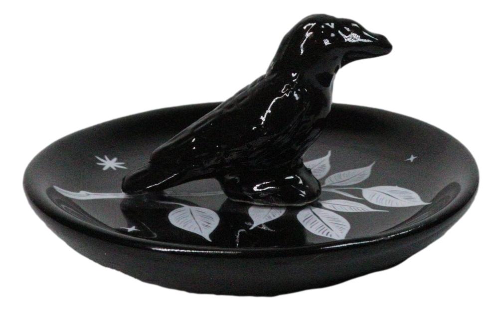 Wicca Gothic Mystic Raven Crow With Crescent Moon Ceramic Trinket Jewelry Dish
