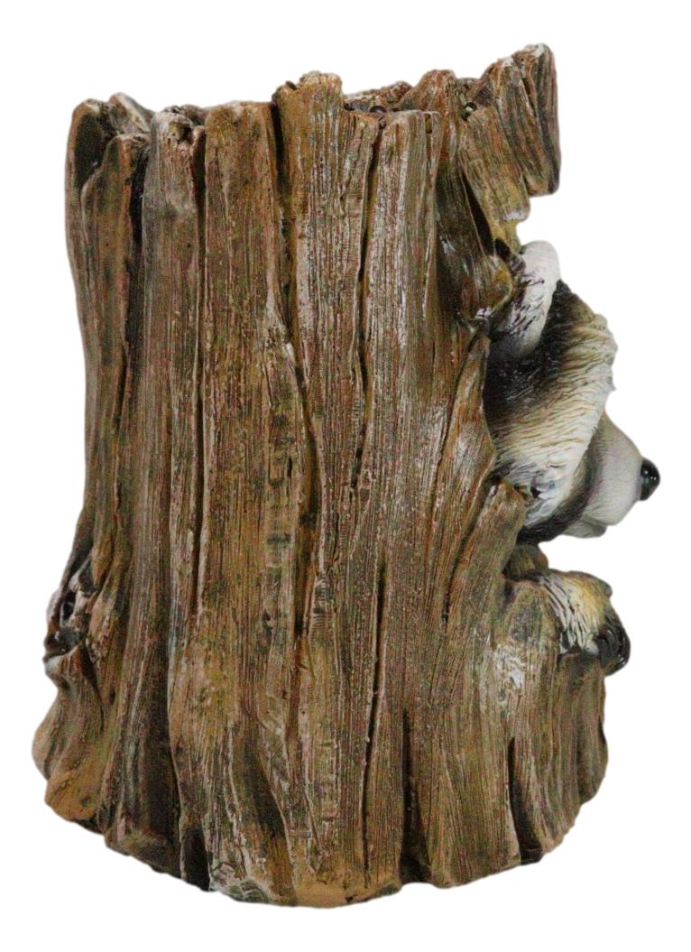 Rustic Western Lifelike Gray Raccoon Hiding In Tree Trunk Decorative Figurine