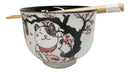 Lucky Cat Maneki Neko Sakura Festival Porcelain Ramen Bowl With Chopsticks Set