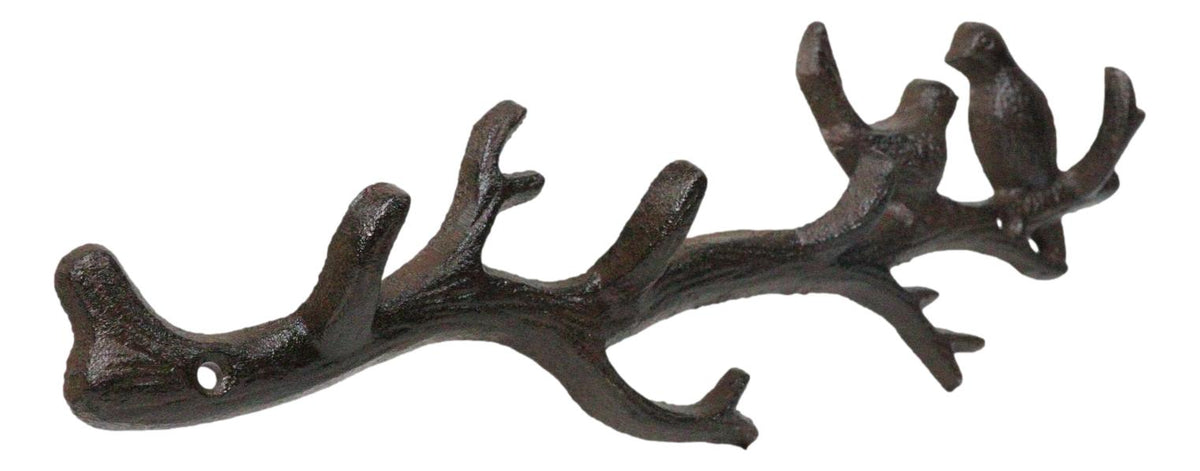 Rustic Cast Iron 2 Lovebirds On Tree Branch Multi Points Wall Hooks 12.5" Long