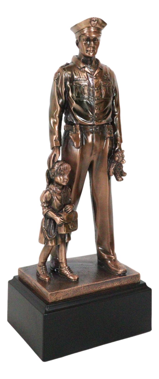 Heroic Men In Blue Police Officer Holding Girl Daughter Hand Bronzed Statue