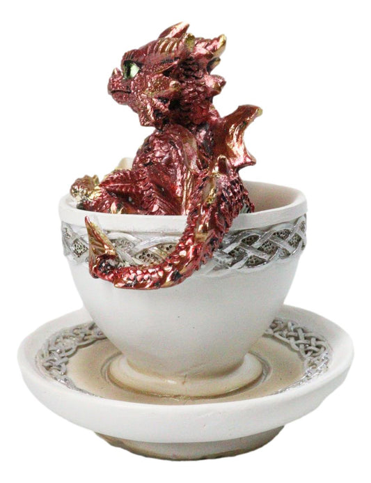 Red Metallic Baby Wyrmling Dragon Bathing In Tea Cup with Saucer Figurine