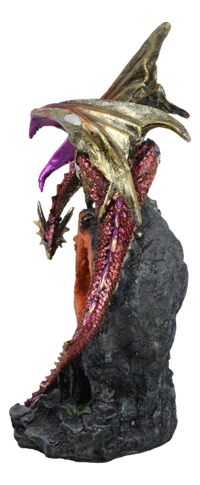 Pink Gold Dragon On Faux Crystal Orange Rock Geode With Hatchling Egg Figurine