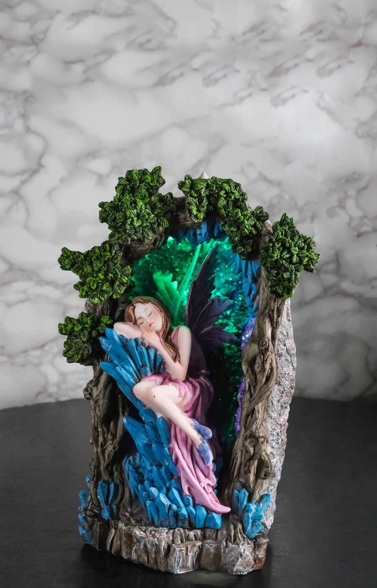 Sleeping Pink Fairy On Blue Crystals Enchanted Tree LED Backflow Incense Burner